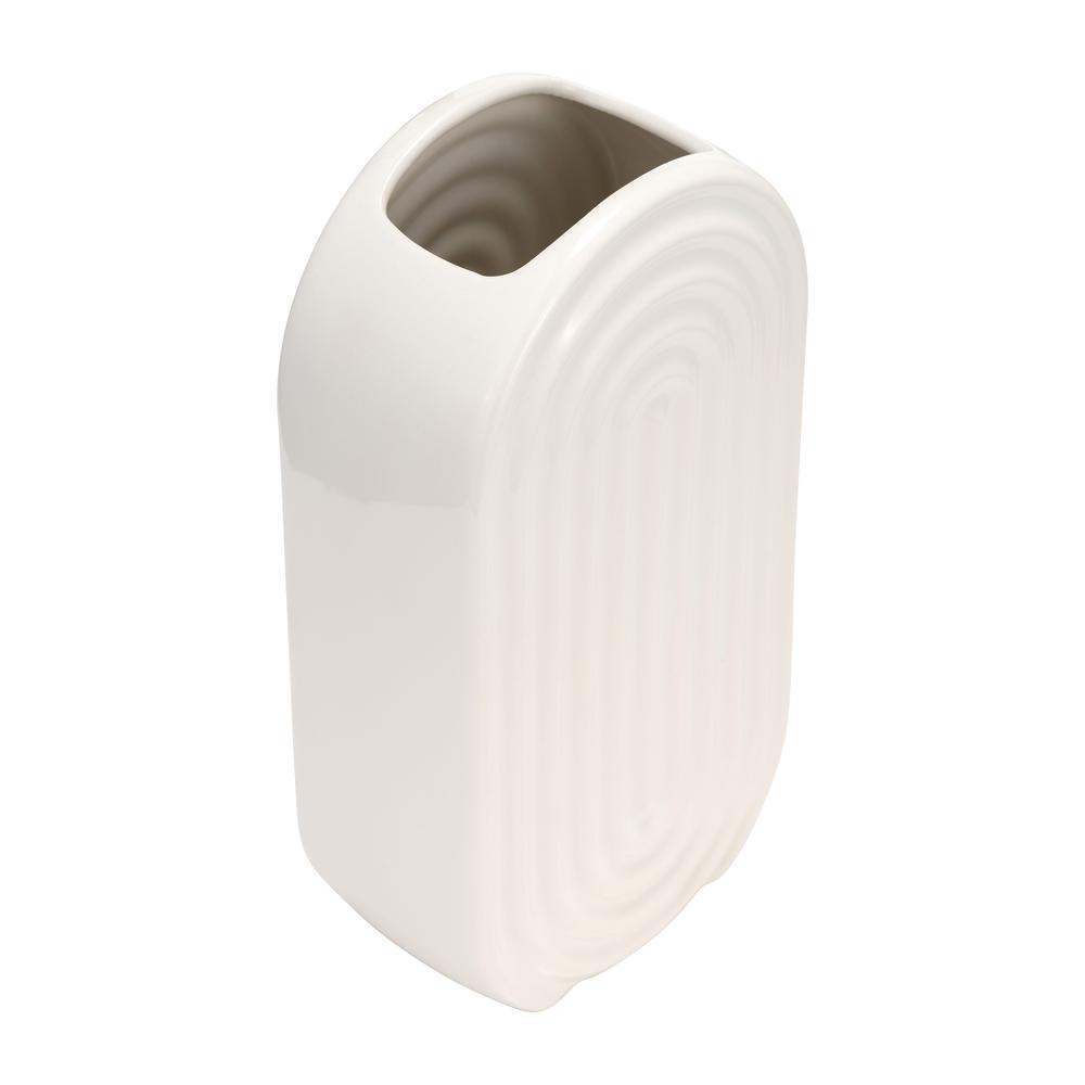 Cer, 11" Oval Ridged Vase, White. Picture 5