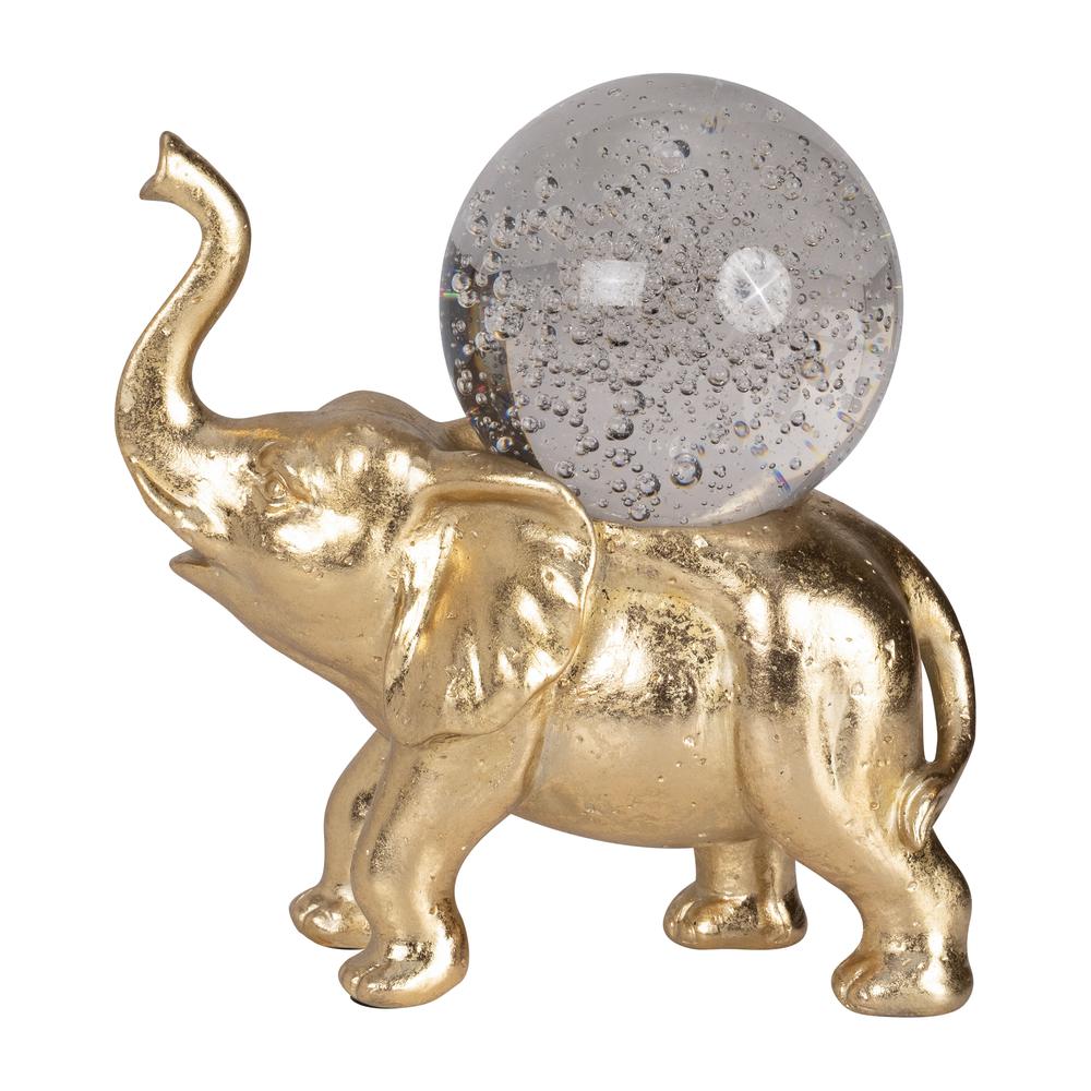 Resin, 9" Elephant W/ Crystal Ball, Gold. Picture 1