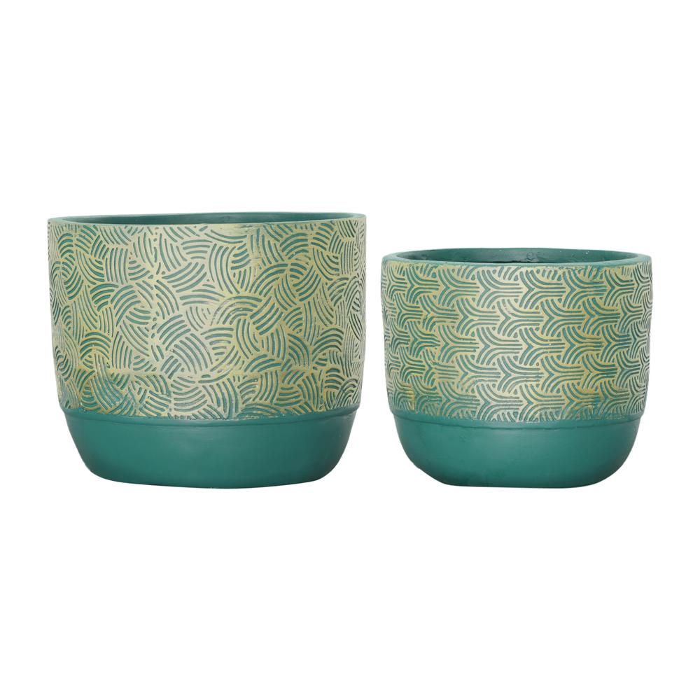 Resin, S/2 10/13"d Swirl Planters, Green/gold. Picture 1