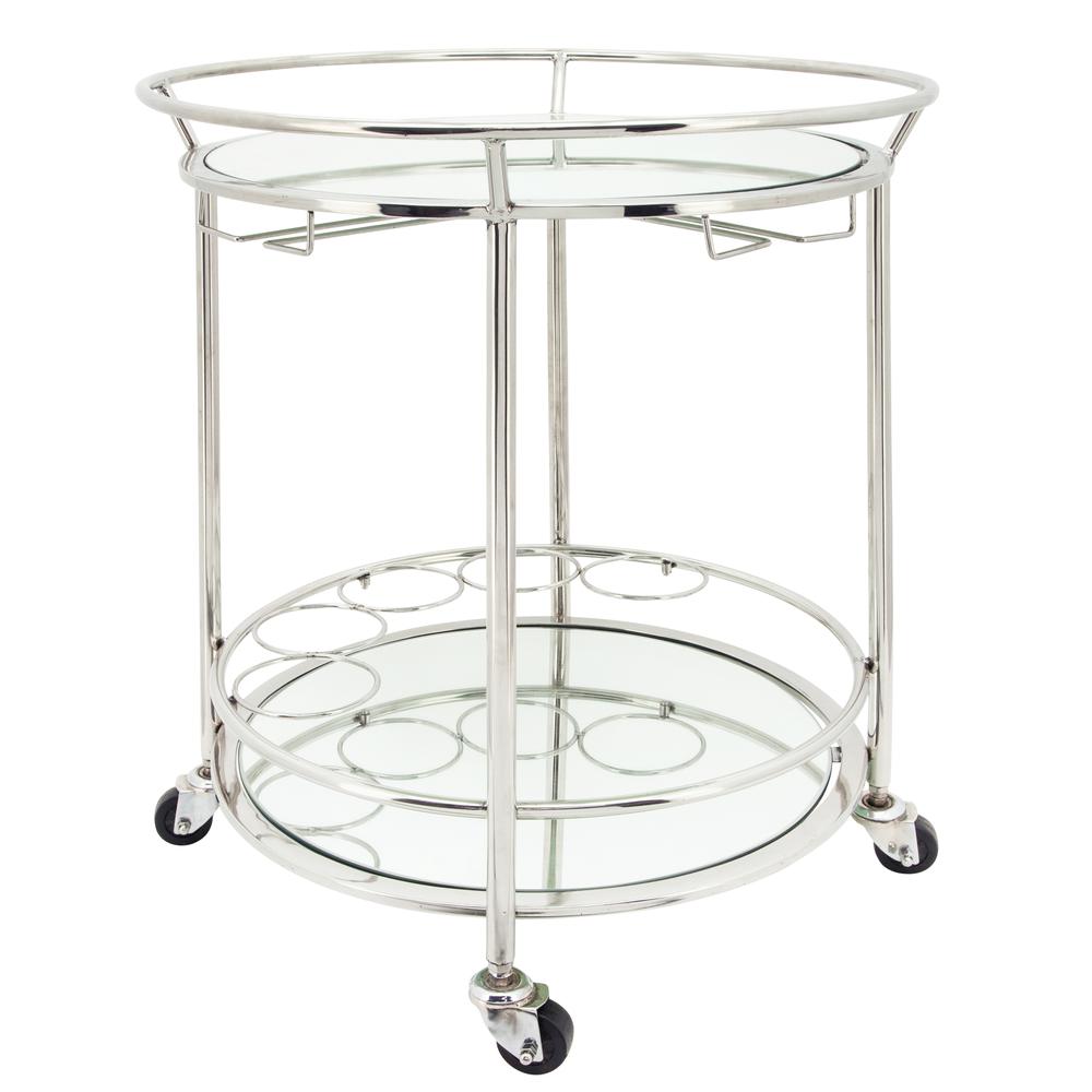 Two Tier 27"h Round Rolling Bar Cart, Silver. Picture 2