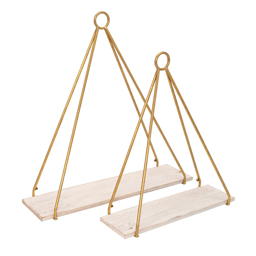 S/2 Metal/wood 20/24" Triangle Shelf, White/gold. Picture 1