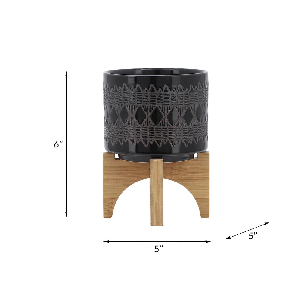Ceramic 5" Aztec Planter On Wooden Stand, Black. Picture 8