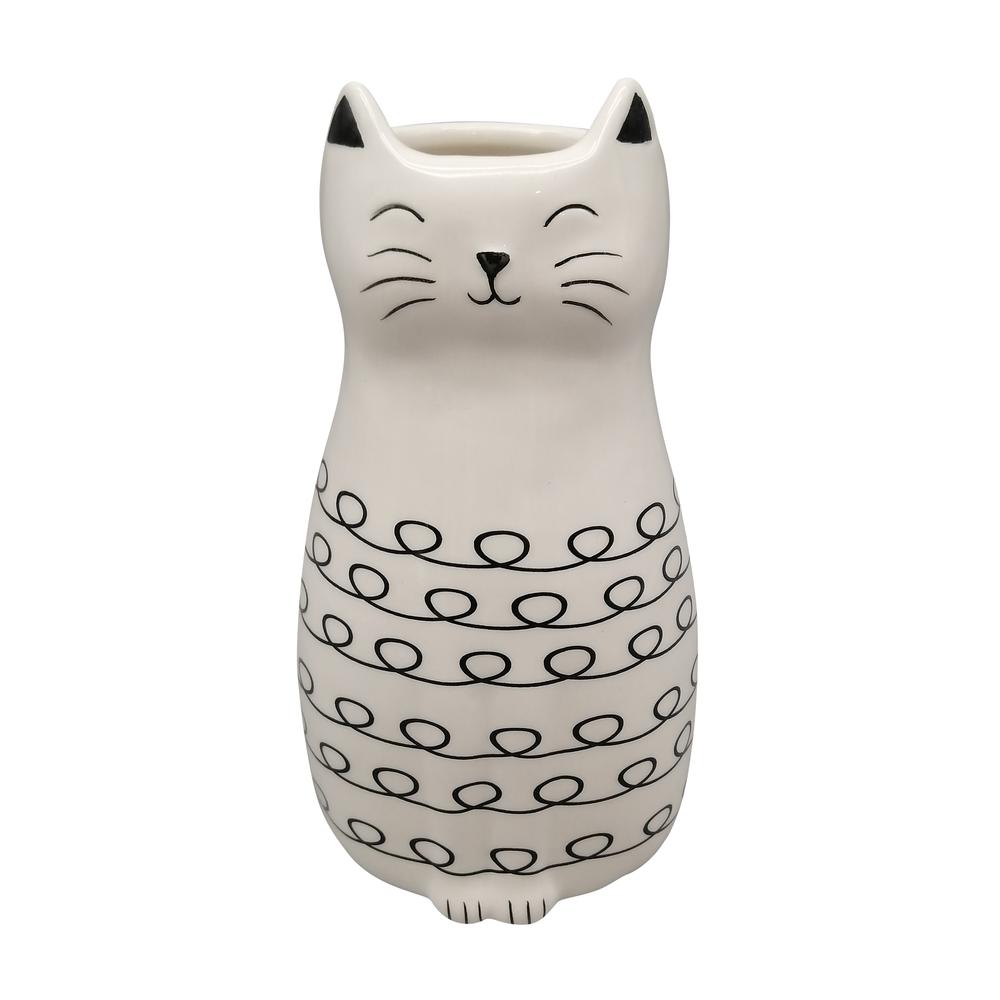 7" Squiggly Kitty With Vase Opening, White/black. Picture 1