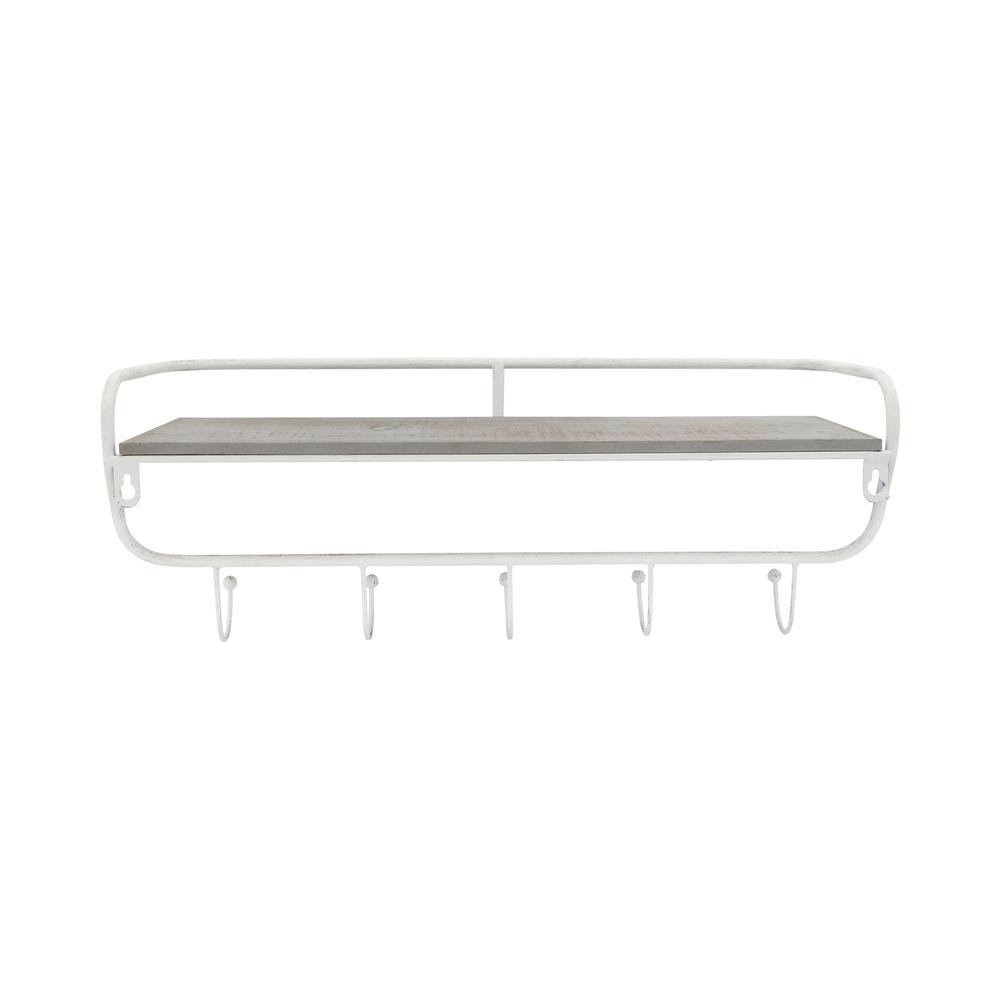 Metal/wood 20" 5  Hook Wall Shelf, White/gray. Picture 4