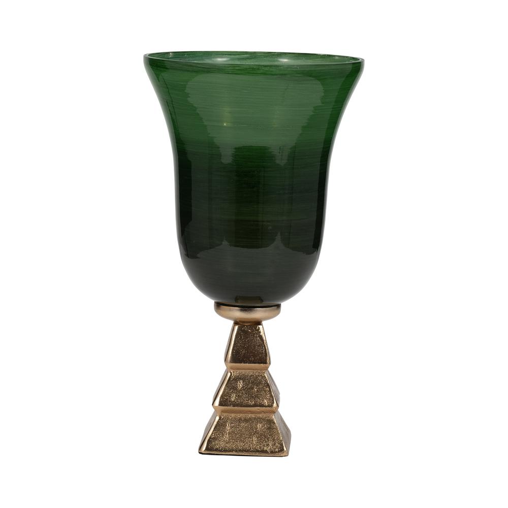 Glass, 15" 5th Ave Vase On Stand, Green/gold. Picture 1