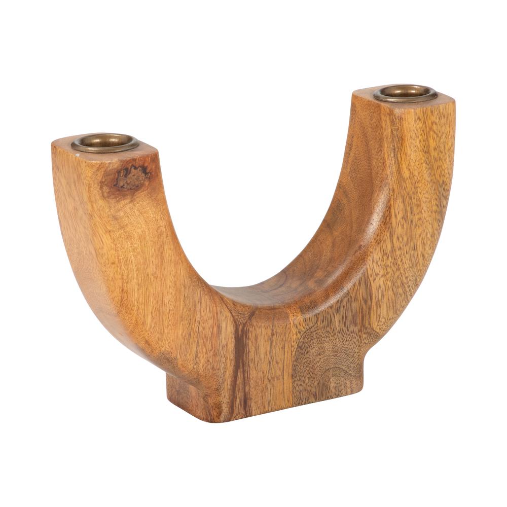Wood, 8" Half Circle 2-taper Candleholder, Natural. Picture 3