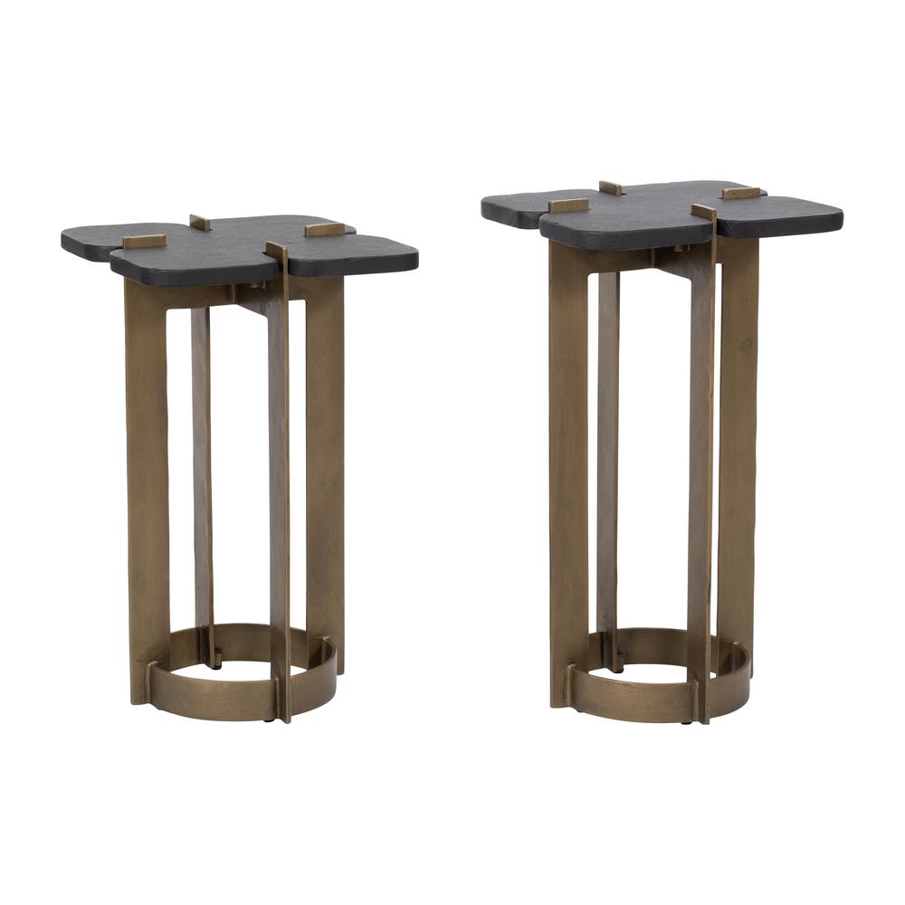 Metal, S/2 22/24" Stone Top Side Tables, Gold/blk. Picture 2