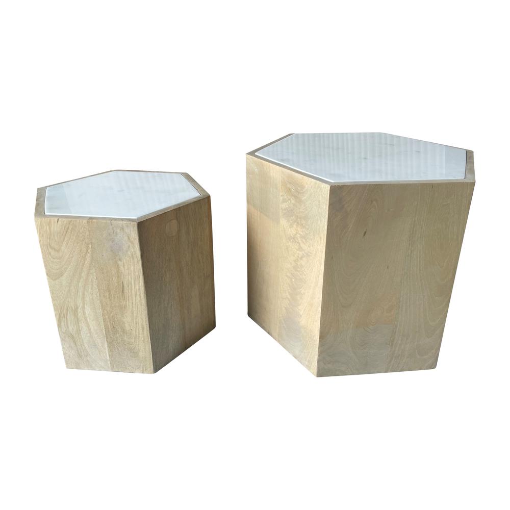 Wood/marble, S/2 14/20" Hexagonal Side Tables, Nat. Picture 1