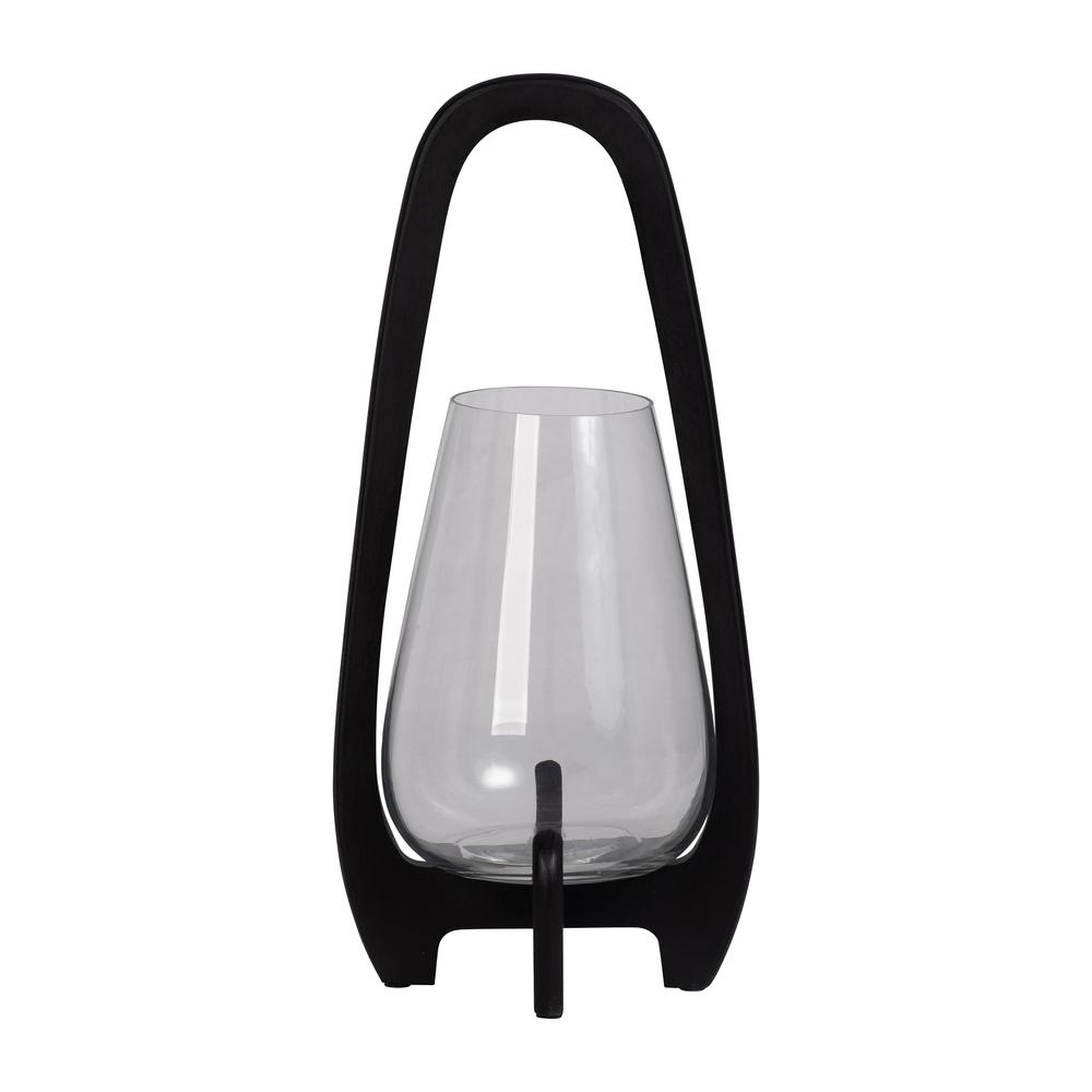 18"h Glass Lantern W/ Wood Handle, Black. Picture 1