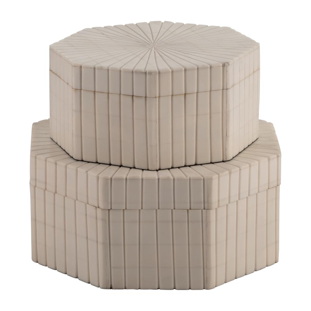 Resin, S/2 6/8" Hxgon Boxes W/ridge Design, Ivory. Picture 6