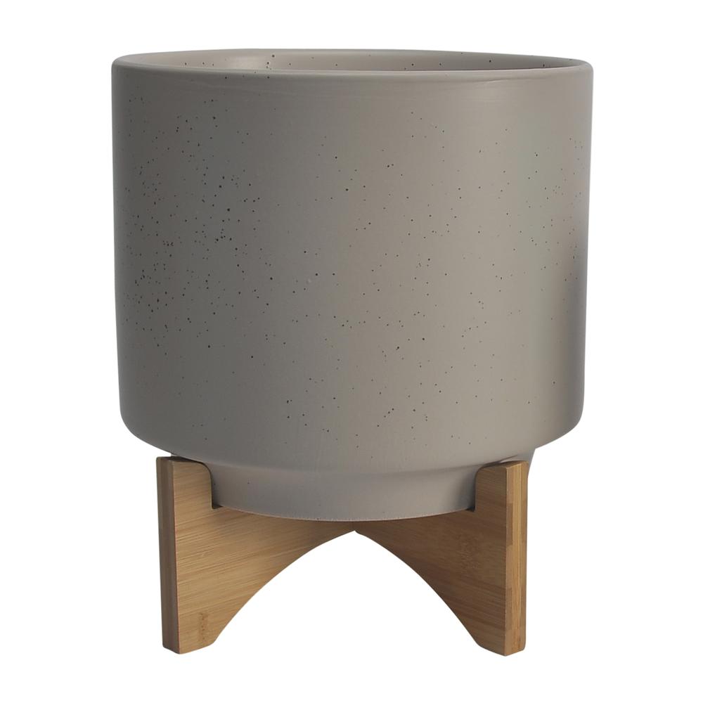 Cer, S/2 8/10"  Planter W/ Wood Stand, Matte Beige. Picture 2