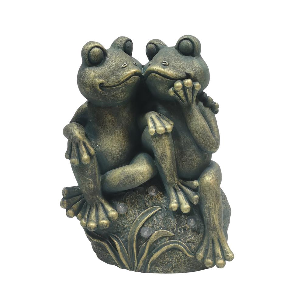 16" Cuddling Frogs On Rock With Solar Lights, Bron. Picture 1