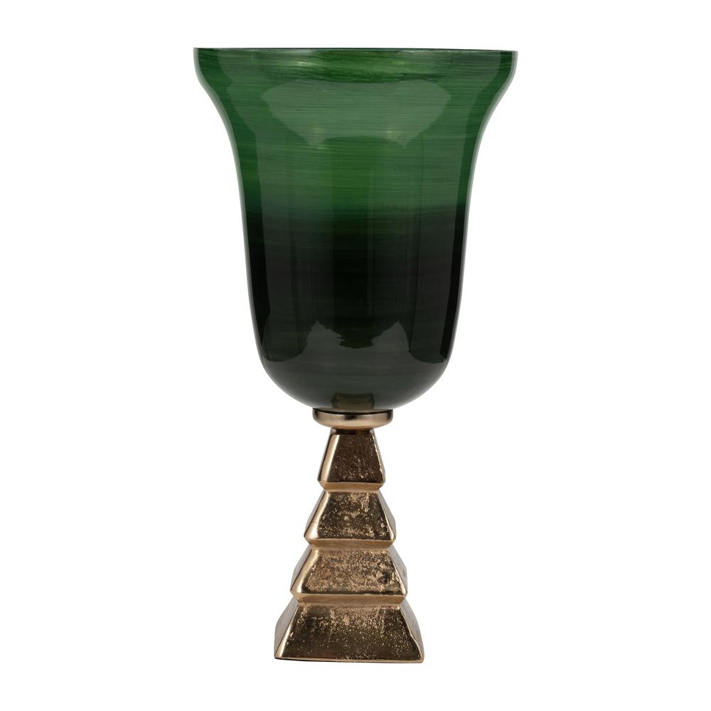 Glass, 19" 5th Ave Vase On Stand, Green/gold. Picture 1