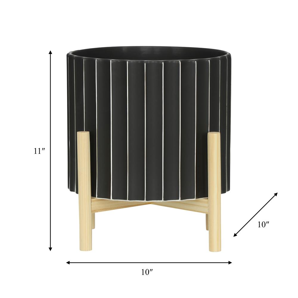12" Ceramic Fluted Planter W/ Wood Stand, Black. Picture 9