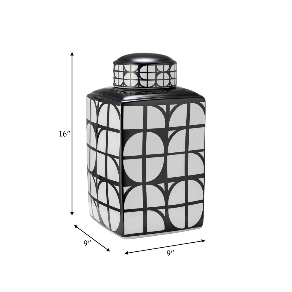 Cer, 16"h Square Jar W/ Lid, Black/white. Picture 7