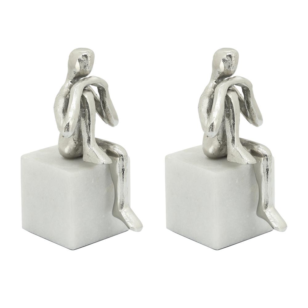 Metal/marble S/2  Sitting Leg Up Bookends, Silver. Picture 1