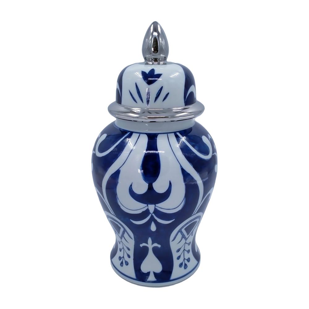 Ec Cer,14" White/blue Temple Jar, Silver. Picture 1