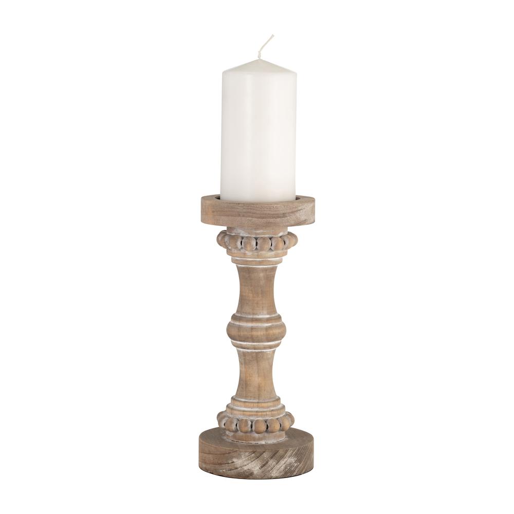 Wood, 11" Banded Bead Candle Holder, Antique White. Picture 3