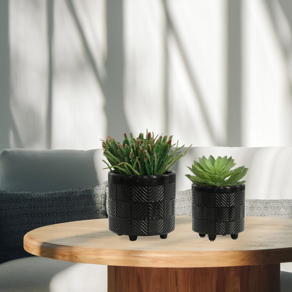 S/2 6/8" Textured Planters, Shiny Black. Picture 9