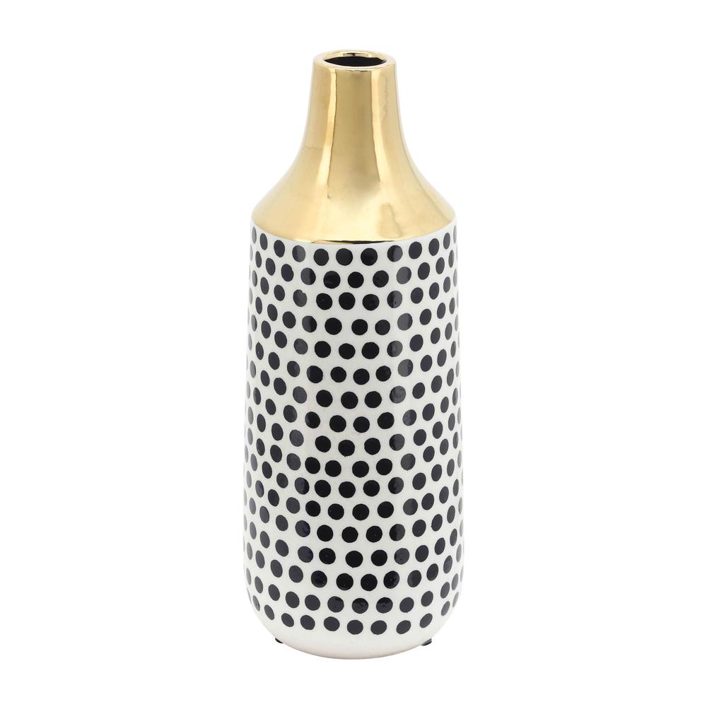 Cer, 16"h Polka Dots Vase, Gold/white. Picture 3