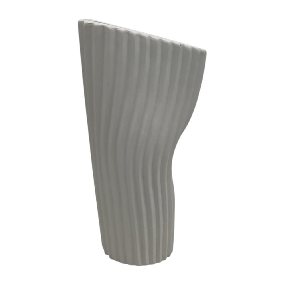 12" Curved Ribbed Vase, White. Picture 1