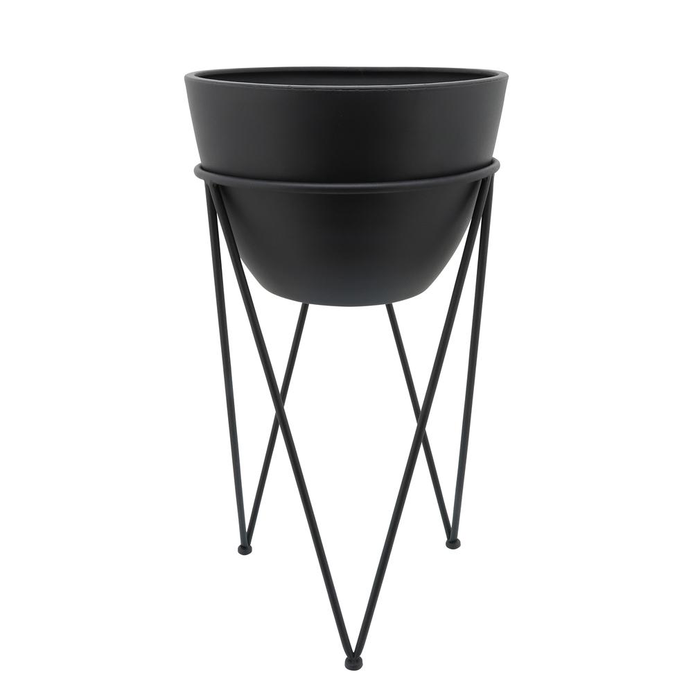 Metal 14" Planter In Stand, Black. Picture 1