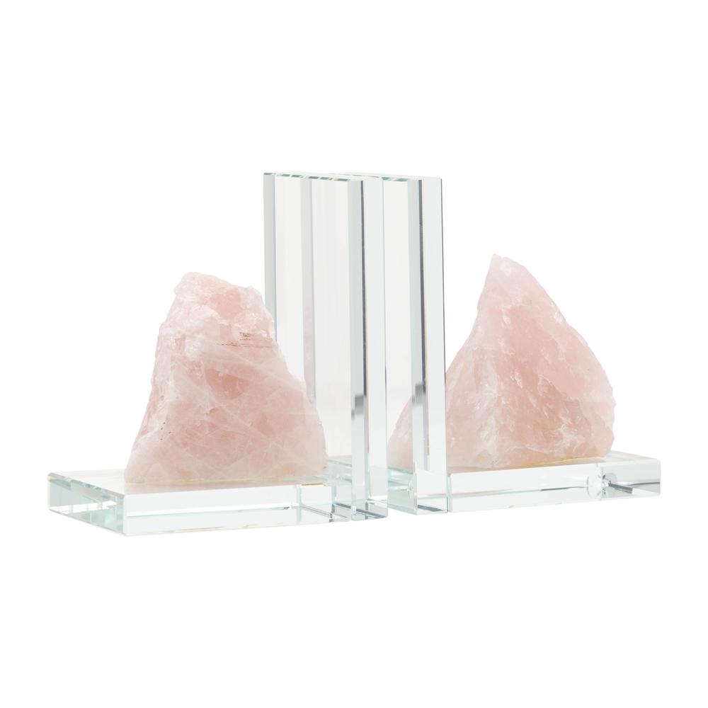 Glass, S/2 5"h Bookends With Pink Stone, Clear. Picture 1