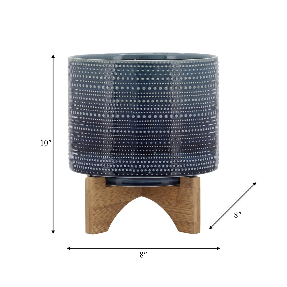 8" Dotted Planter W/ Wood Stand, Blue. Picture 9