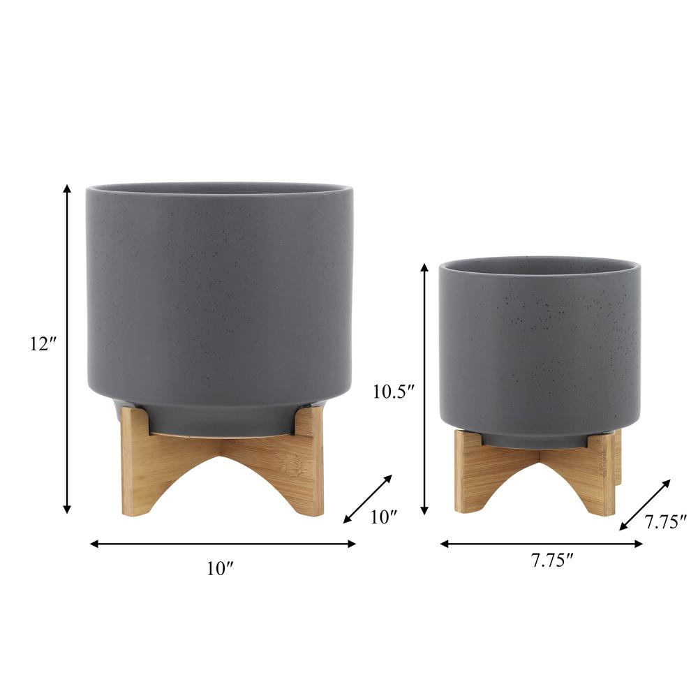 S/2 8/10" Planter W/ Wood Stand, Matte Gray. Picture 8