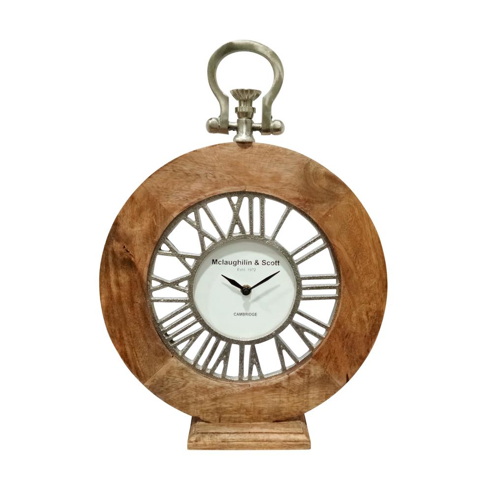 Mango Wood, 16"h Round Table Clock, Natural. Picture 1