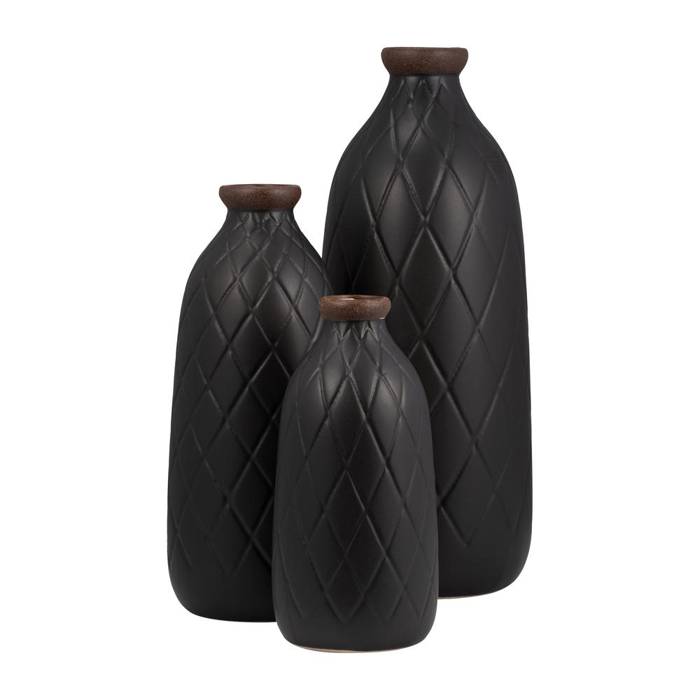 Cer, 9" Plaid Textured Vase, Black. Picture 8