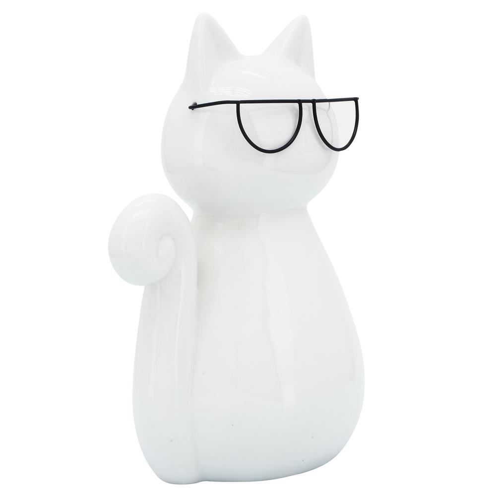 Porcelain, 7"h Cat W/ Glasses, White. Picture 1