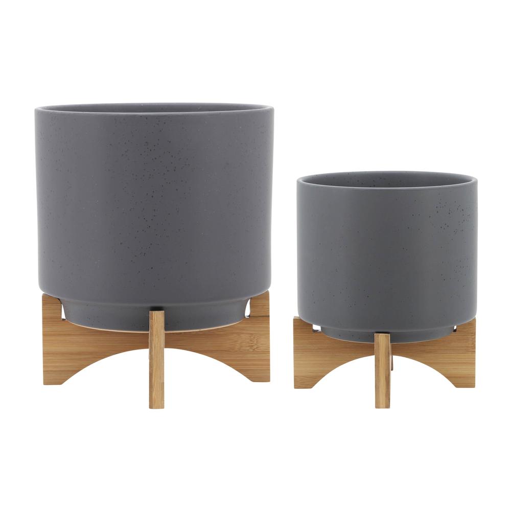 S/2 8/10" Planter W/ Wood Stand, Matte Gray. Picture 2