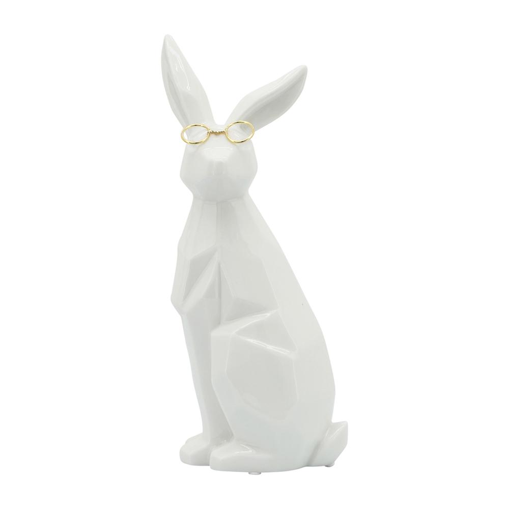 Cer, 11"h Sideview Bunny W/ Glasses, White/gold. Picture 2