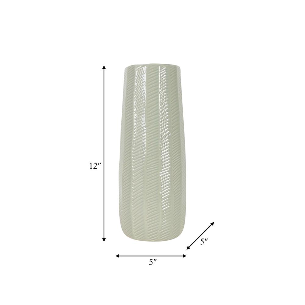 Cer, 12" Etched Lines Cylinder Vase, Cucumber. Picture 7