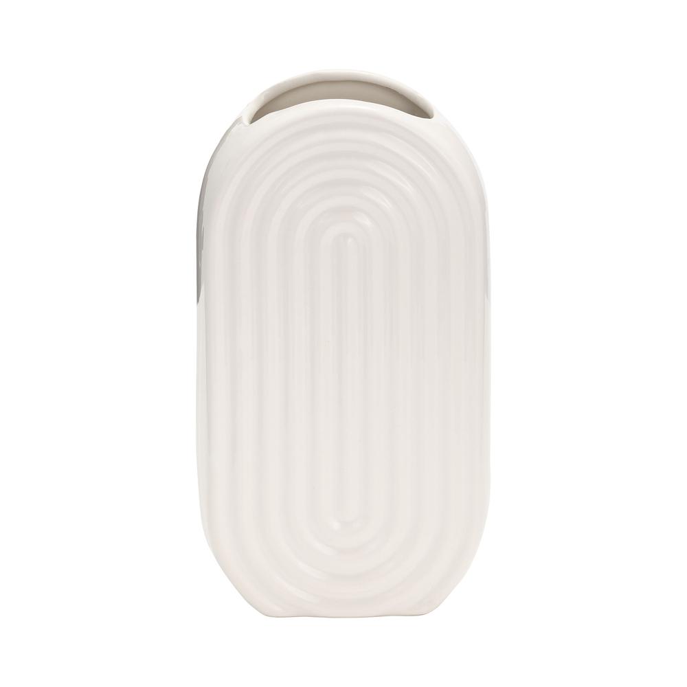 Cer, 9" Oval Ridged Vase, White. Picture 1