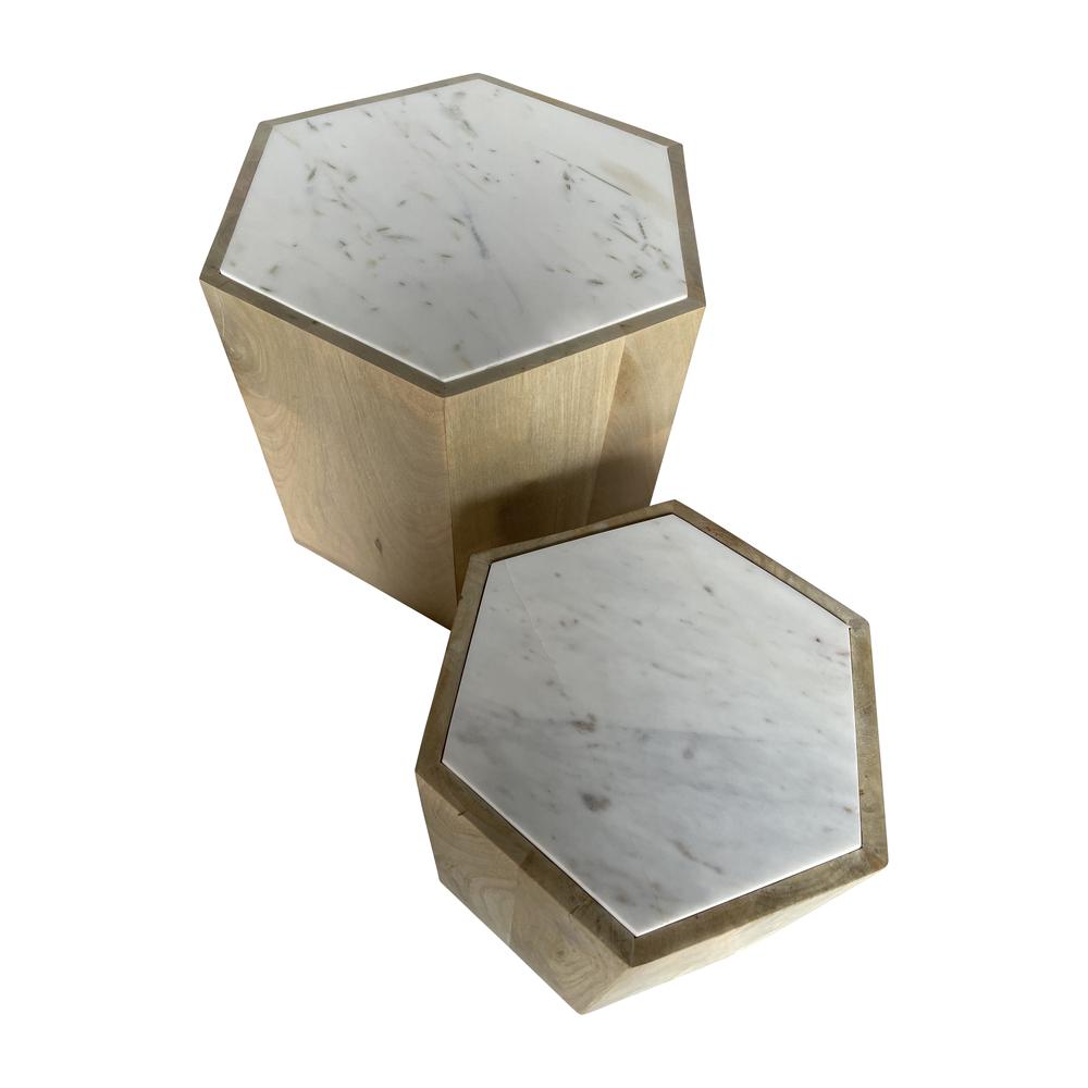 Wood/marble, S/2 14/20" Hexagonal Side Tables, Nat. Picture 2