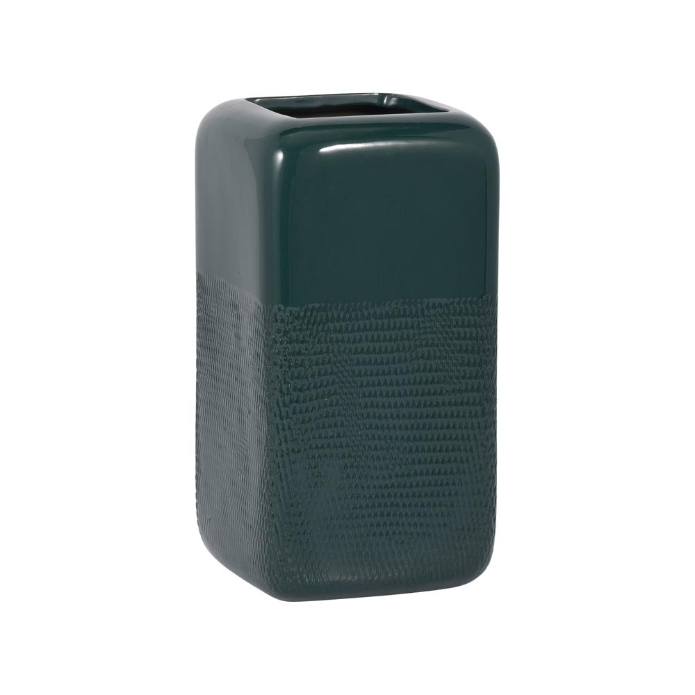 Cer, 10" Squared Grooved Vase, Forest Green. Picture 2