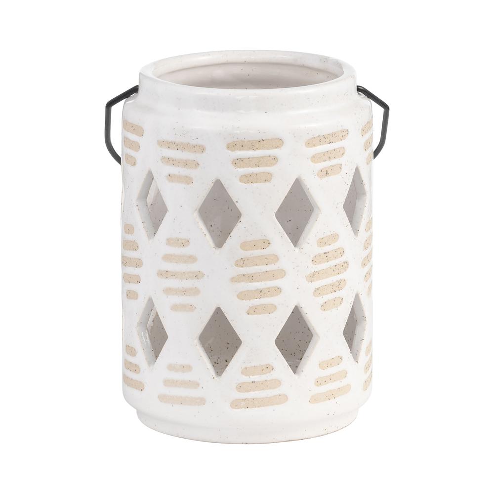 Cer, 6"h Diamond Cut Out Lantern, Ivory. Picture 1