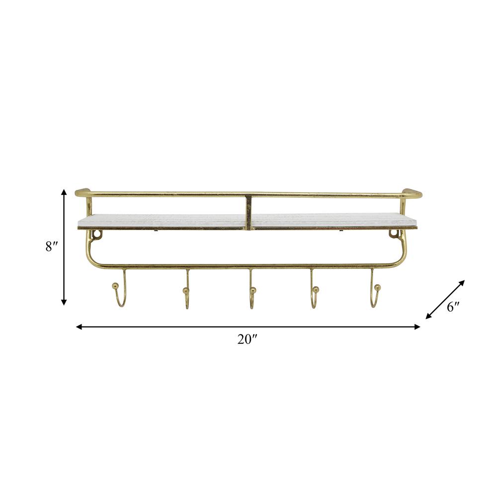 Metal/wood 20" 5  Hook Wall Shelf, White/gold. Picture 2