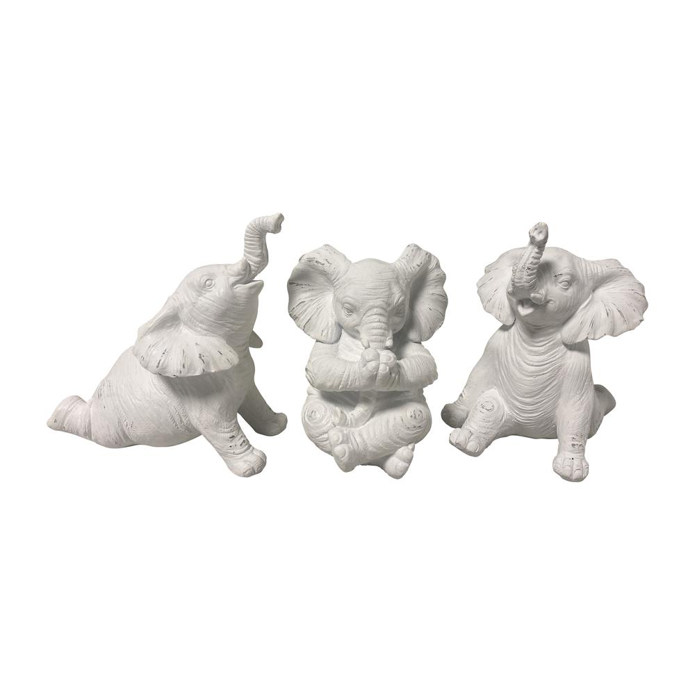 Resin, S/3 6" Stone Look Yoga Elephant, White. Picture 1