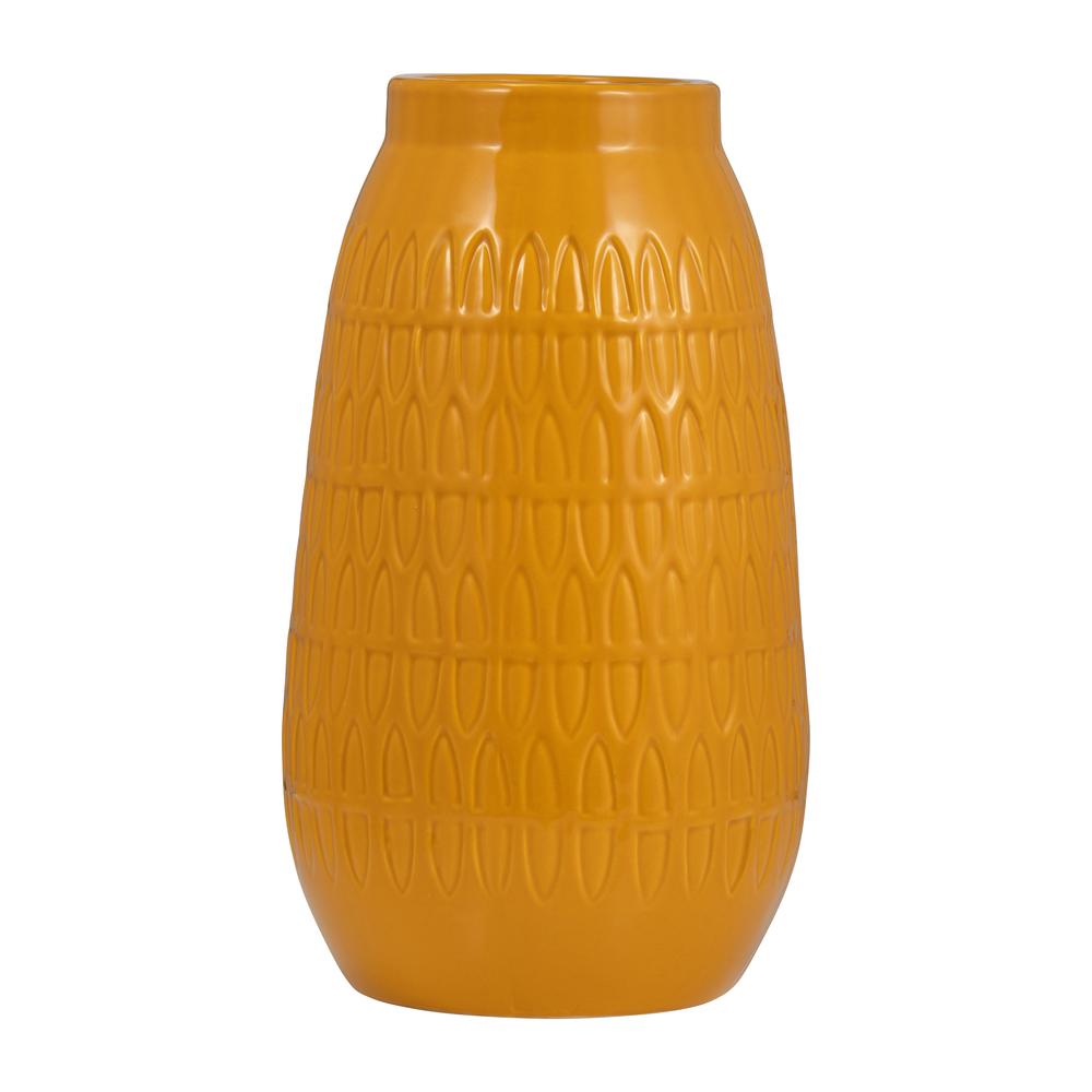 Cer, 12"h Carved Vase, Mustard Gold. Picture 2