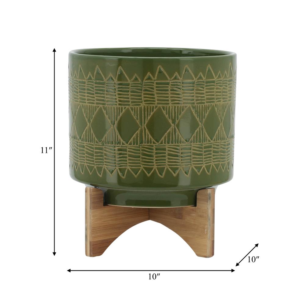Ceramic 10" Aztec Planter On Wooden Stand, Olive. Picture 8