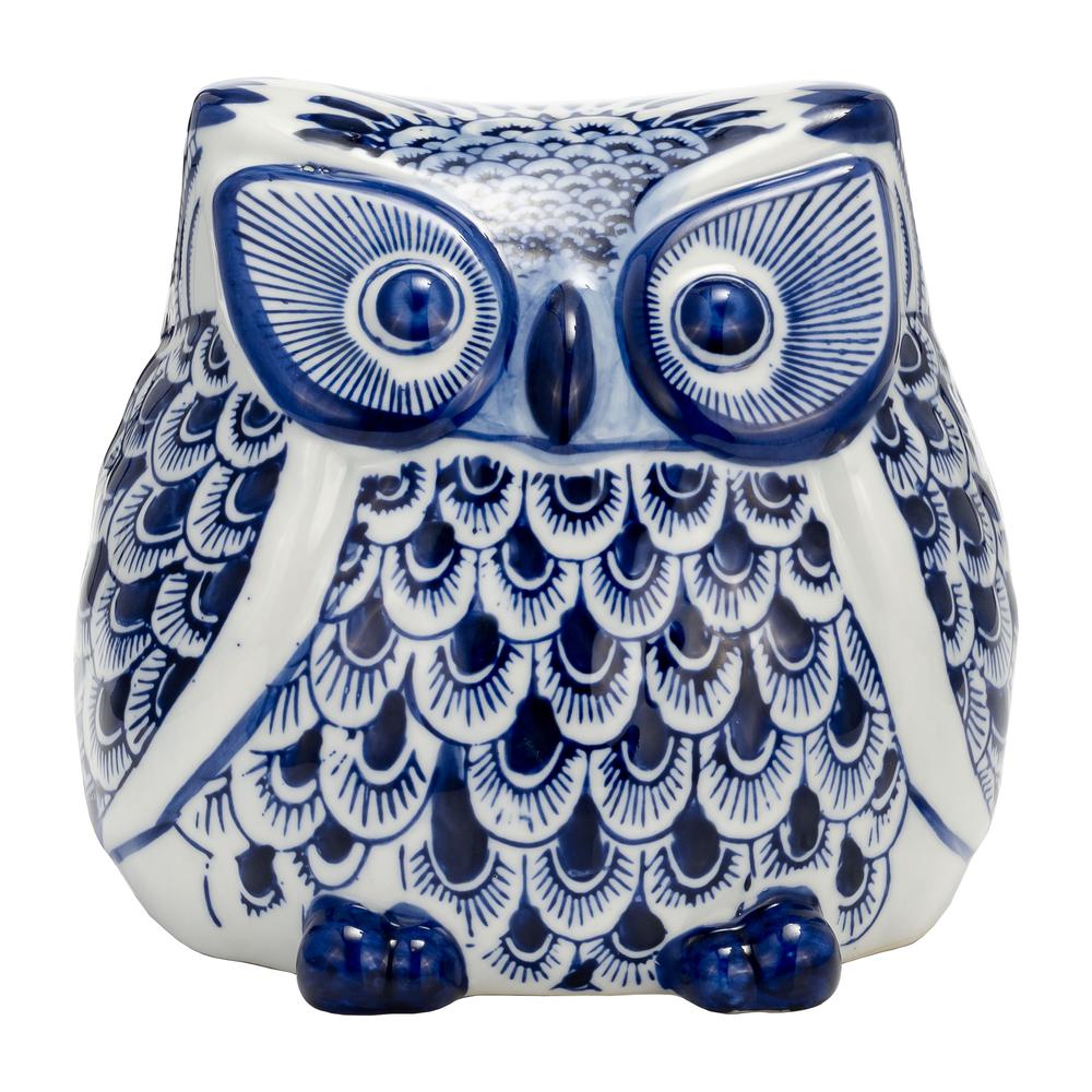 Cer, 6"h Chinoiserie Owl, Blue/white. Picture 1