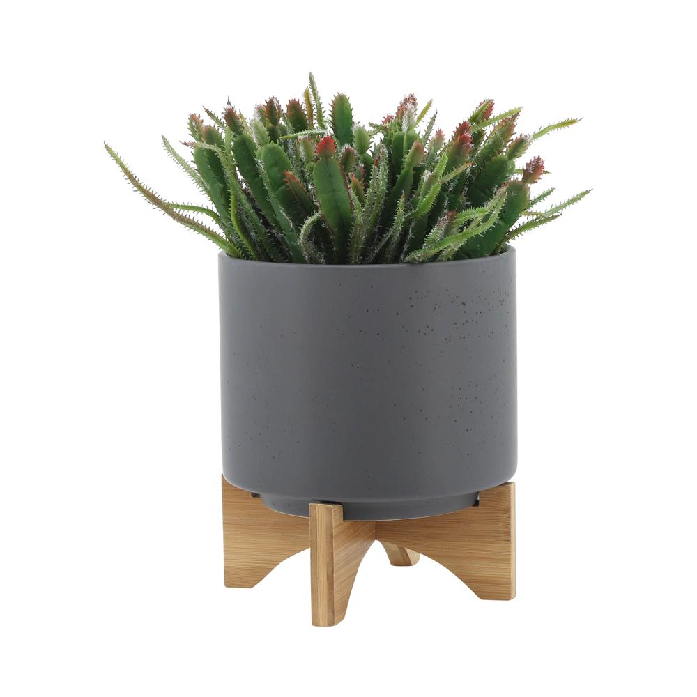 S/2 8/10" Planter W/ Wood Stand, Matte Gray. Picture 4