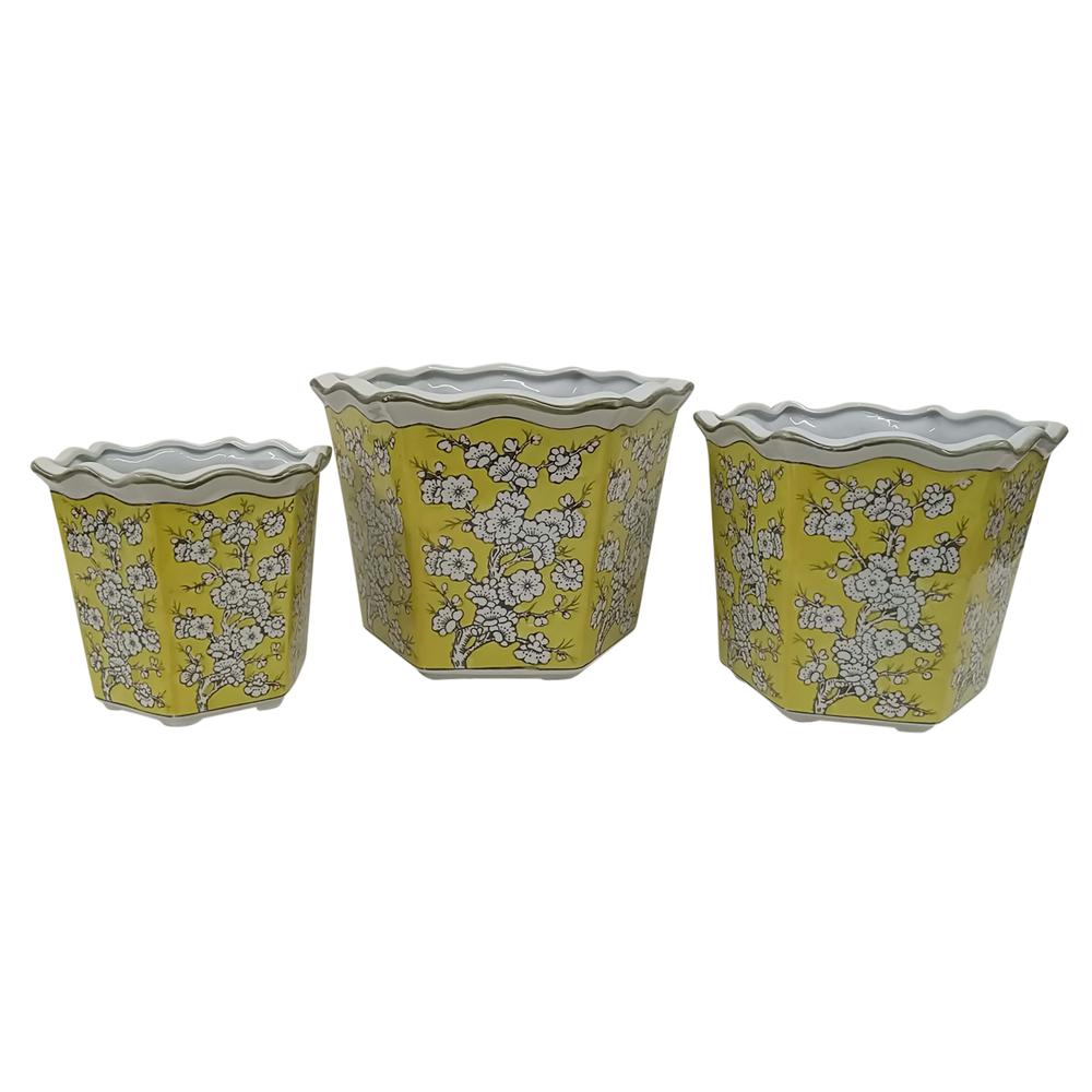 S/3 8/10/12" Chinoiserie Floral Planters, Yellow/w. Picture 1