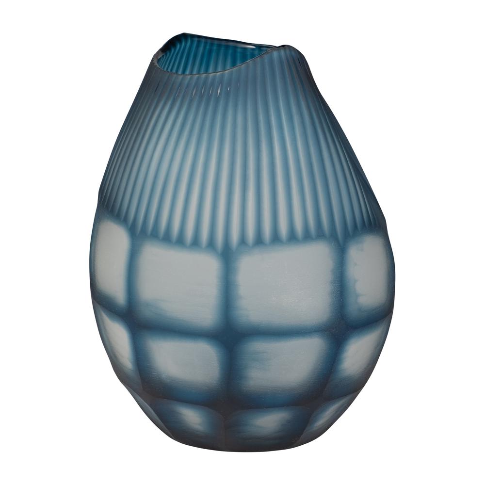 Glass, 12" Carved Vase Blue. Picture 3