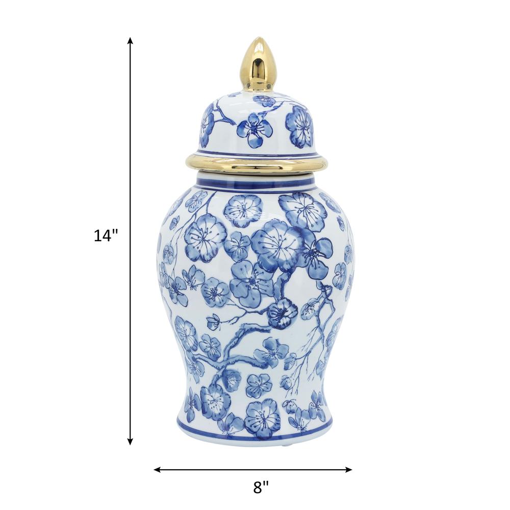 14" Temple Jar W/ Hibiscus, Blue & White. Picture 7