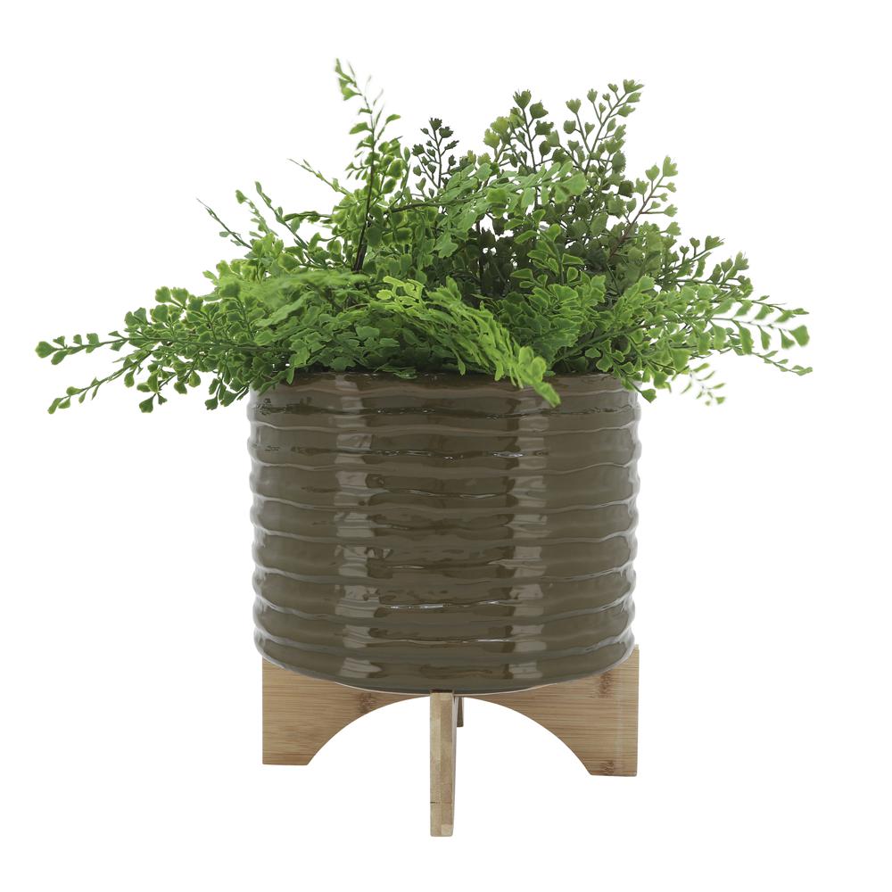 Cer, 11" Textured Planter W/ Stand, Olive. Picture 2