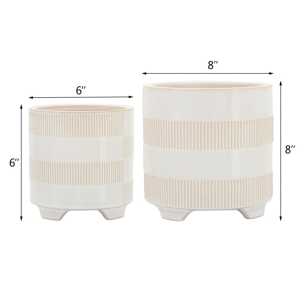 Cer, S/2 6/8" Textured Footed Planters, Beige. Picture 8